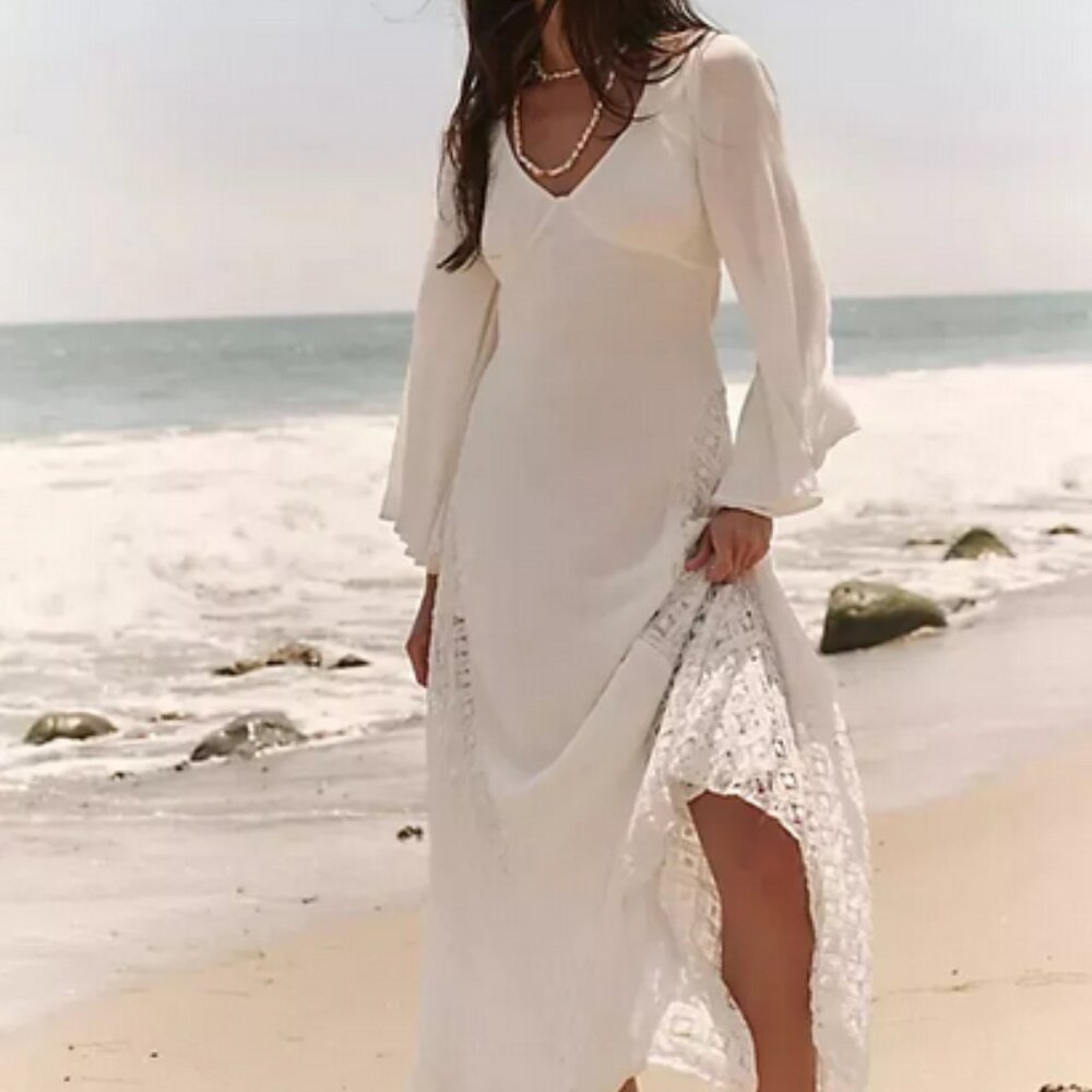 Free People Hazel Maxi Dress V Neck Ivory Embroidered Lace Tie S